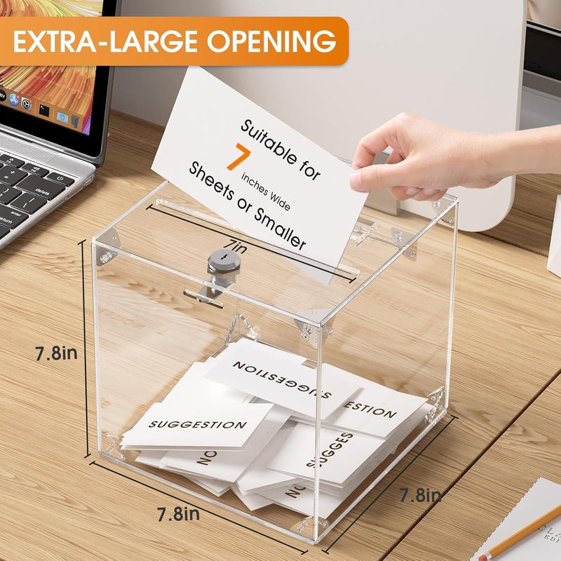 MaxGear صندوق تبرعات أكريليك مع قفل 1 عبوة، 7.8"x7.8"x7.8" صندوق اقتراحات كبير، صندوق مربع لجمع التبرعات - Image 2